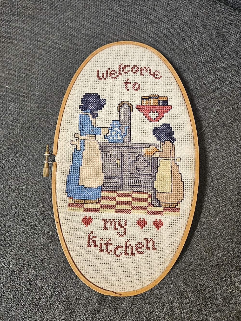 Handmade 'Welcome to My Kitchen' Cross Stitch Wall Art -Blue & Beige Cottagecore